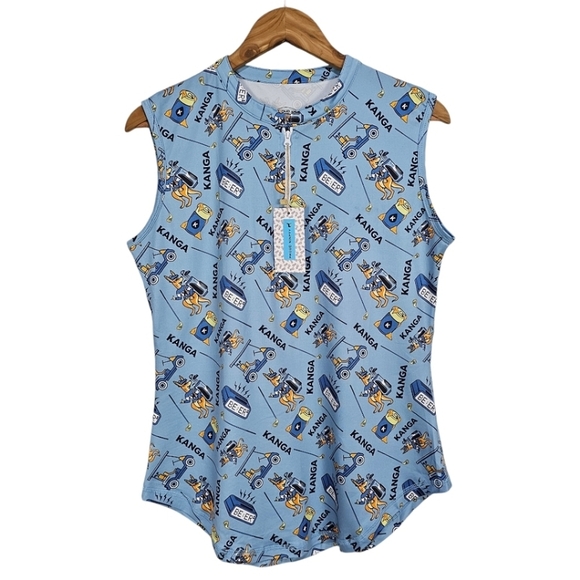 Proud 90 Tops - Proud 90 Sleeveless Zip Neck Kanga Beer Novelty Print Polo Blue Size Large Golf
